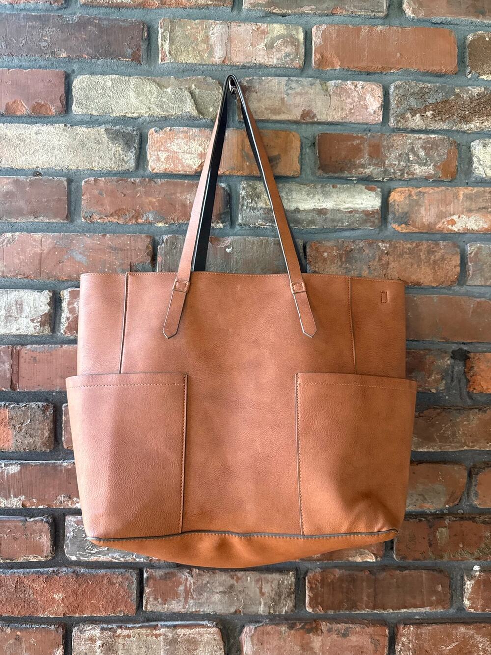 Minimalist Cognac Faux Leather Tote Bag - Dual Side Pockets